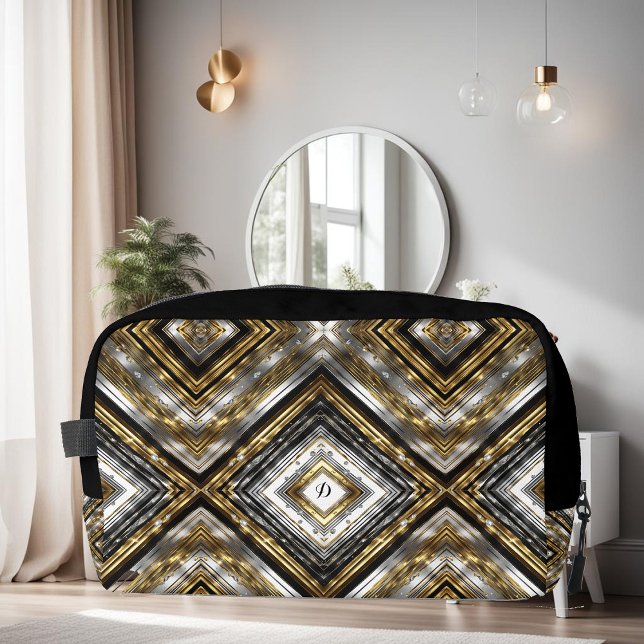 Trousse De Toilette Motif moderne en argent, or et noir, monogramme (Créateur téléchargé)
