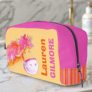 Trousse De Toilette Nom de fille poney mignon aquarelle orange rose 