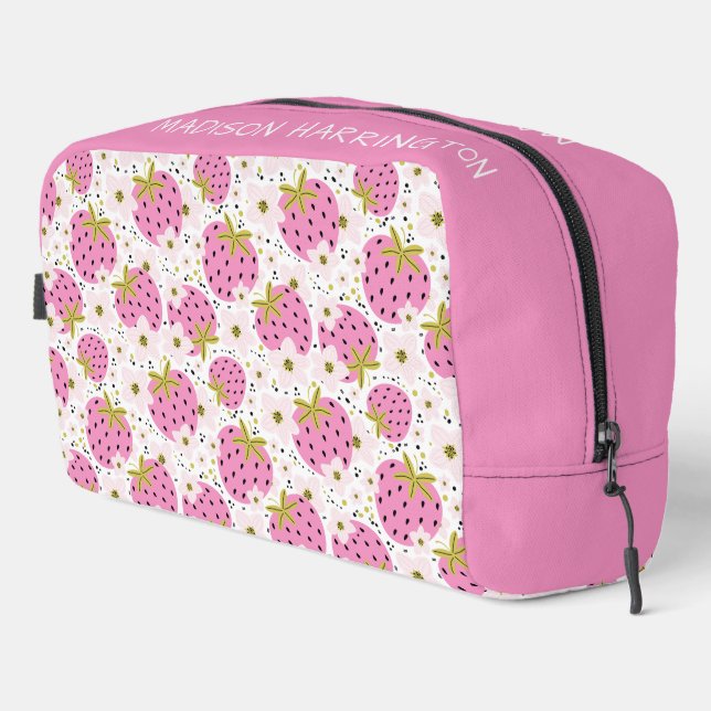 Trousse De Toilette Nom personnalisé Motif de fraises roses (Coin droit)