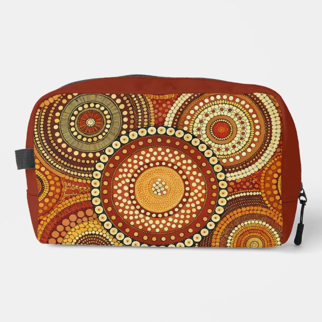 TROUSSE DE TOILETTE ORANGE ROUGE JAUNE MOTIFS TRIBAUX AUTOCHTONES (Recto)