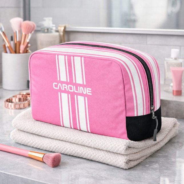 Trousse De Toilette Personalized Pink And White Racing Stripe Travel (Créateur téléchargé)