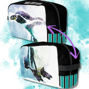 Trousse De Toilette Pingouin mignon noir et Turquoise Aquarelle Voyage