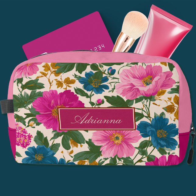 Trousse De Toilette Rose Clair et Floral Bleu sur Crème (Créateur téléchargé)