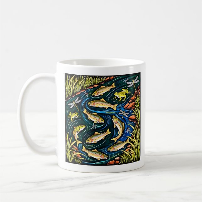 Trout Stream Harmony - Folk Art Fish, Frogs & Drag Kaffeetasse (Links)