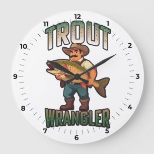 Trout Wrangler Cartoon-Vektorillustration  Große Wanduhr