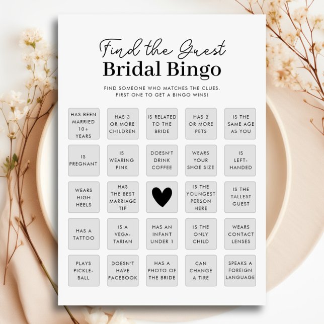Trouvez La Carte De Jeu De Bingo De Fête des marié (Find The Guest Bridal Shower Bingo Game Card)