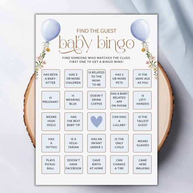Trouvez La Carte De Jeu Du Baby shower Bleu Invité (Find The Guest Blue Balloon Baby Shower Game Card)