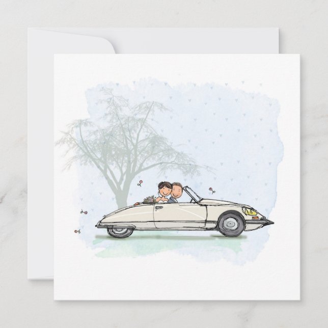 Trouwkaart bruidspaar in Citroen DS cabriolet (Vorderseite)