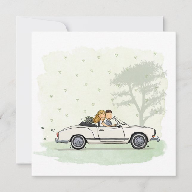 Trouwkaart bruidspaar in vintage Karmann Ghia (Vorderseite)