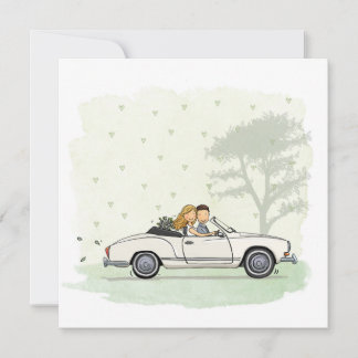 Trouwkaart bruidspaar in vintage Karmann Ghia