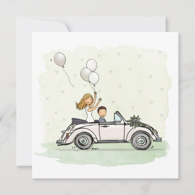 Trouwkaart bruidspaar in vintage Kever cabrio (Vorderseite)