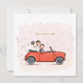trouwkaart bruidspaar in vintage Mini cabrio