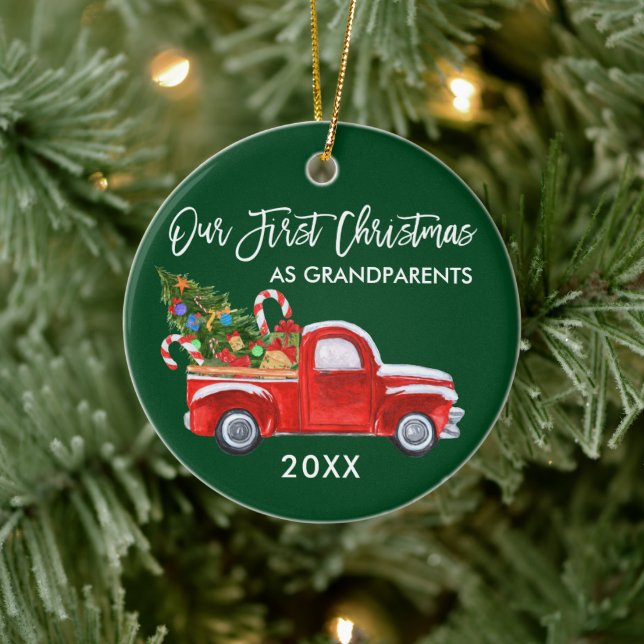 Truck Candy Erste Weihnachten als Großeltern Grün Keramik Ornament (Baum)