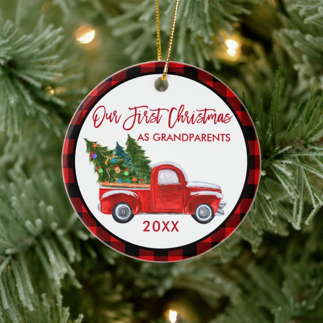 Truck Erste Weihnachten als Großeltern Kariert Keramik Ornament (Baum)