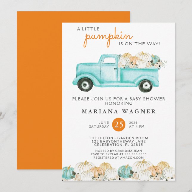 Truck Little Pumpkin Gender Neutral Baby Dusche Einladung (Vorne/Hinten)