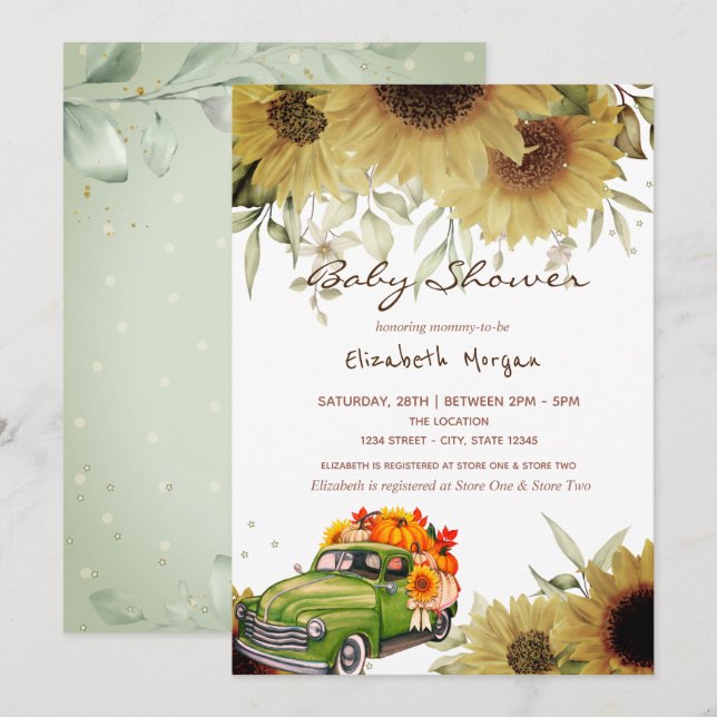 Truck Pumpkin Sunflowers Drive Baby Dusche Einladung (Vorne/Hinten)