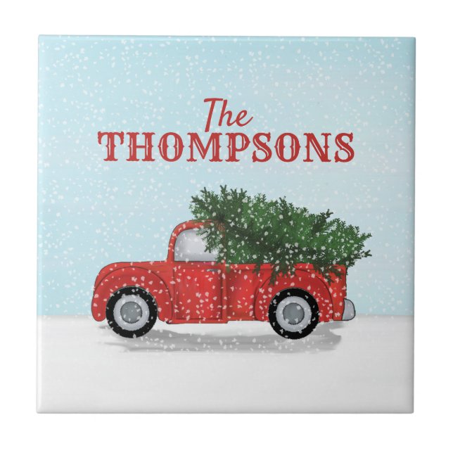 Truck Weihnachtsbaum Winterurlaub Personalisiert Fliese (Vorderseite)
