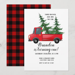 Truck Wood Red Kariert Erstgeburtstag Einladung