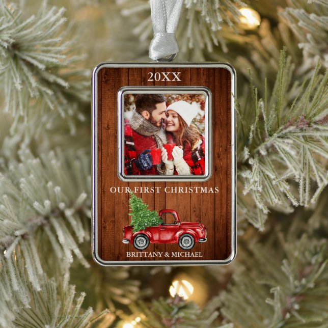 Truck Wood Unser erstes Weihnachtskuchen Foto Rahmen-Ornament Silber (Baum)