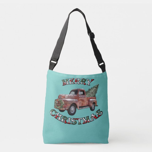 Truck & Xmas Tree Retro Design Merry Christmas Tragetaschen Mit Langen Trägern (Vorderseite)