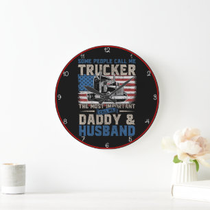 Trucker, Daddy, Husband, amerikanische Flagge Große Wanduhr