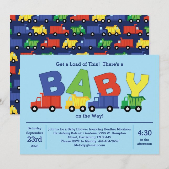 Trucks Baby Shower Dump Truck Boy Einladung (Vorne/Hinten)