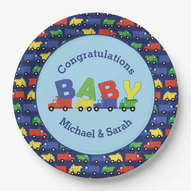 Trucks Boy Baby Shower Construction Niedlich Pappteller (Vorderseite)
