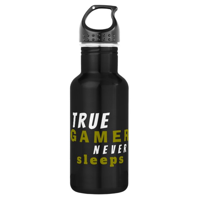 True Gamer schläft nie feines Zitat schwarz Edelstahlflasche (Vorderseite)