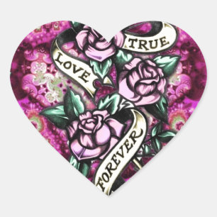 True Love Forever Rockabilly Rose Muster. Herz-Aufkleber