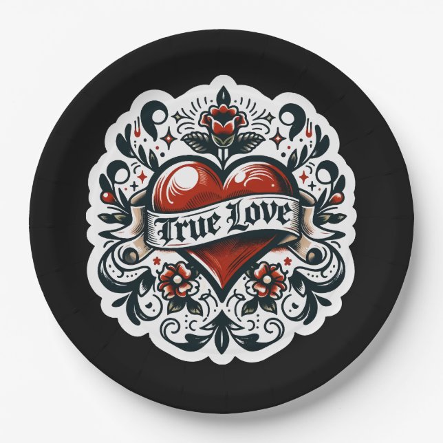 True Love Heart Tattoo Aufkleber Hochzeit Verlobun Pappteller (Vorderseite)