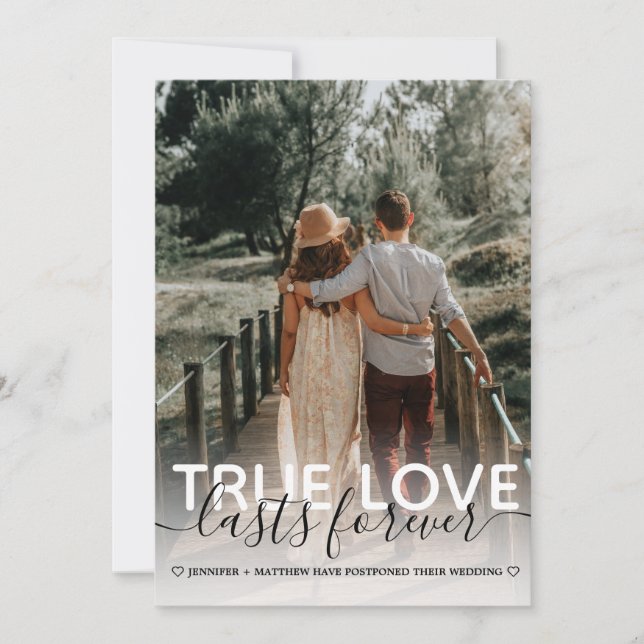 True Love Postponement Wedding Typografy Foto Ankündigung (Vorderseite)