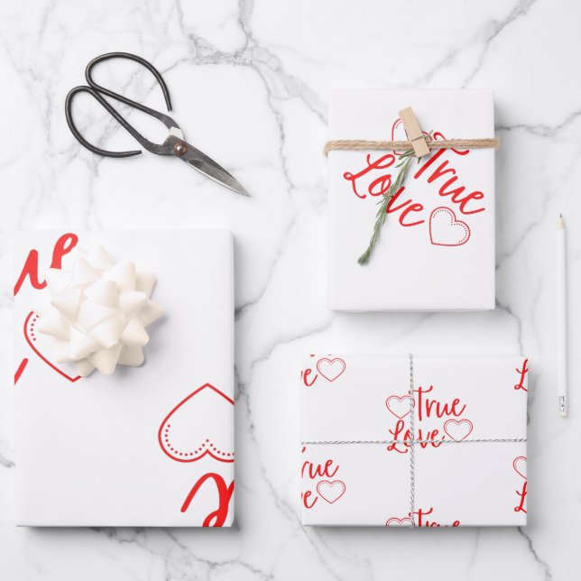 True Love Red Valentine's Wrapping Paper Sheets Geschenkpapier Set (Vorderseite)