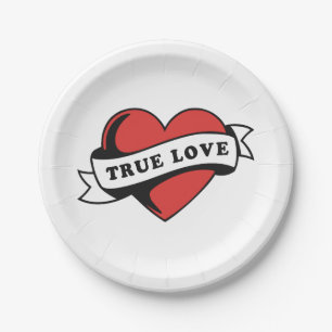 True Love Tattoo Heart Klassisches Romandesign Pappteller