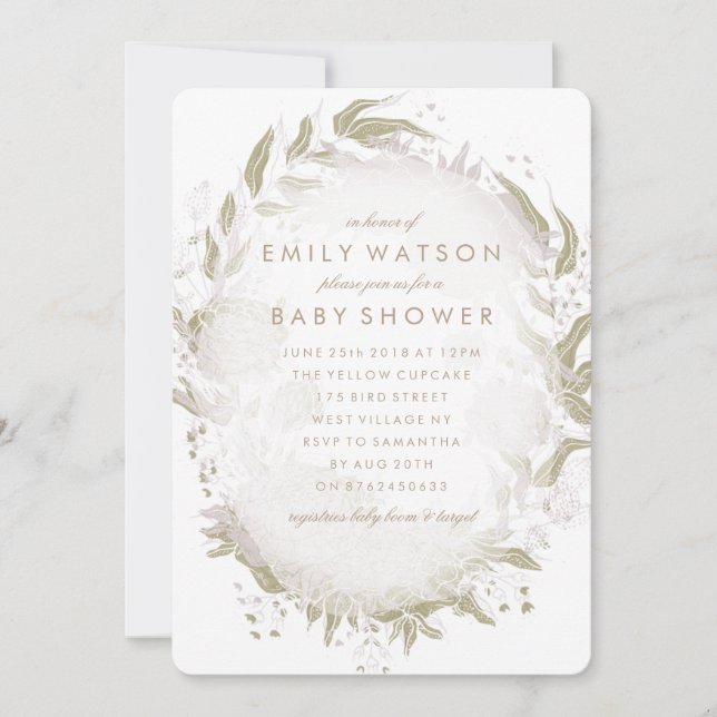 True Romance Foil Floral Frame Baby Dusche Einladung (Vorderseite)