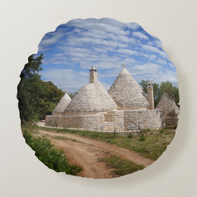 Trulli Häuser in Puglia/in Apulien Rundes Kissen (Vorderseite)