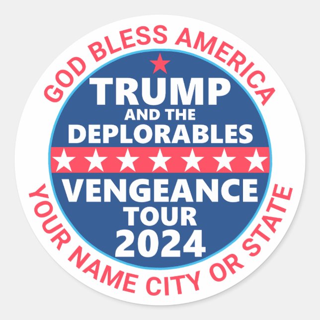 Trump 2024: Rache Tour deplorables Political Runder Aufkleber (Vorderseite)