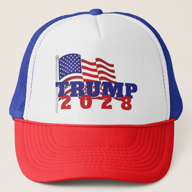 Trump 2028 mit amerikanischer Flagge Truckerkappe (Vorderseite)