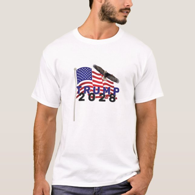 Trump 2028 über die amerikanische Flagge T-Shirt (Vorderseite)