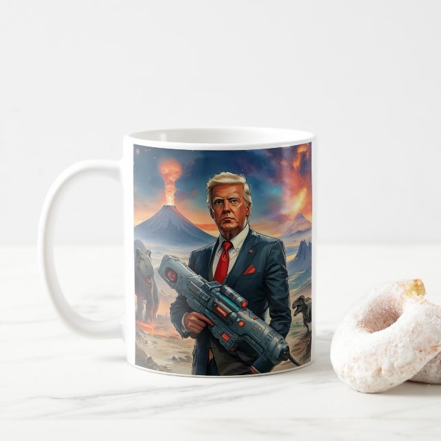 Trump auf Alien Planet Dinosaurier Laser Gun Volca Kaffeetasse (Mit Donut)