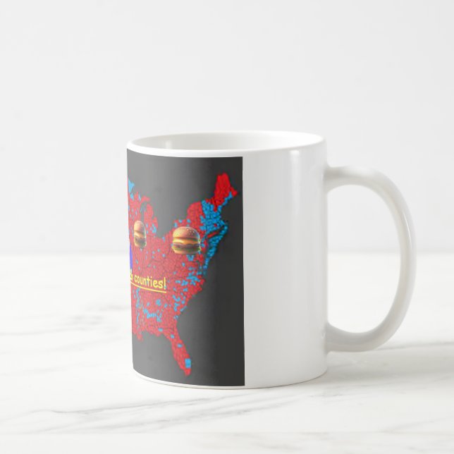 Trump dreht Burger und Landkreis halten sich auf Kaffeetasse (Rechts)