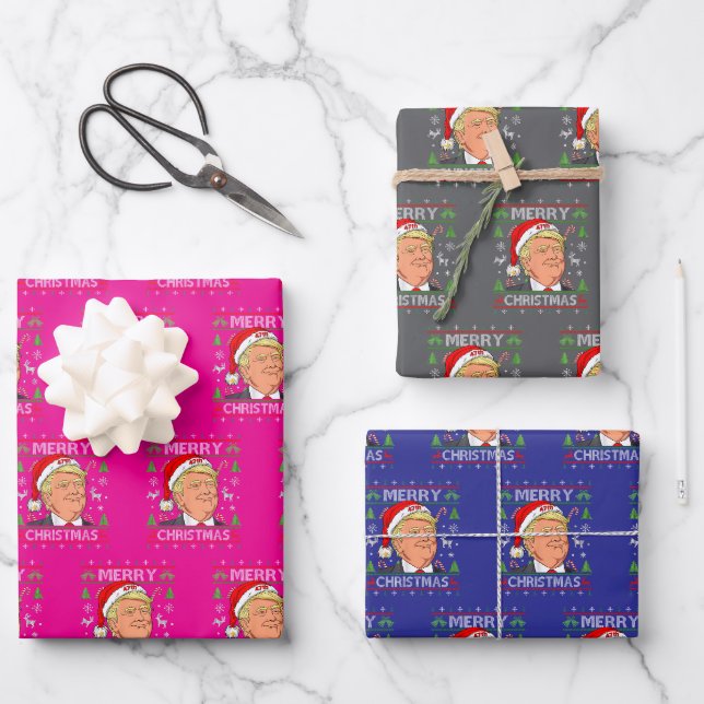 Trump frohe Weihnachten hässliche Weihnachtsgesche Geschenkpapier Set (Vorderseite)