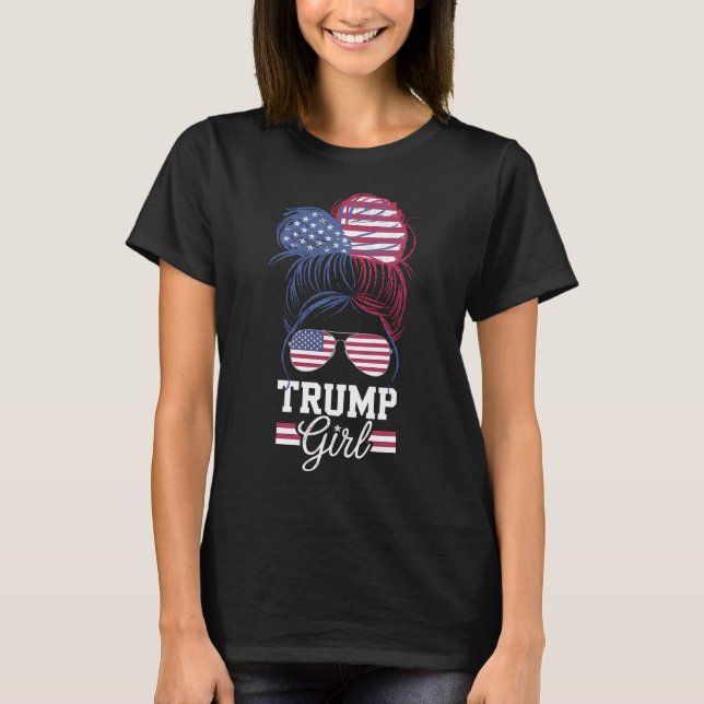 Trump Girl Messy Bun USA 47 Präsident T-Shirt (Vorderseite)