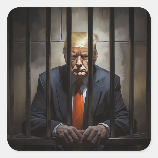 Trump im Gefängnis. Quadratischer Aufkleber (Vorderseite)