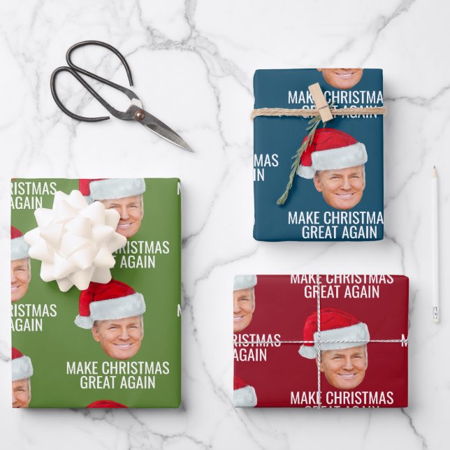 Trump mit Weihnachtsmannmütze - Weihnachten wieder Geschenkpapier Set (Vorderseite)