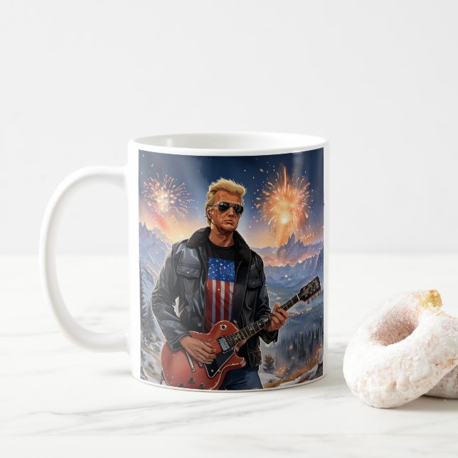 Trump spielt elektrische Gitarre Mount Rushmore MA Kaffeetasse (Mit Donut)