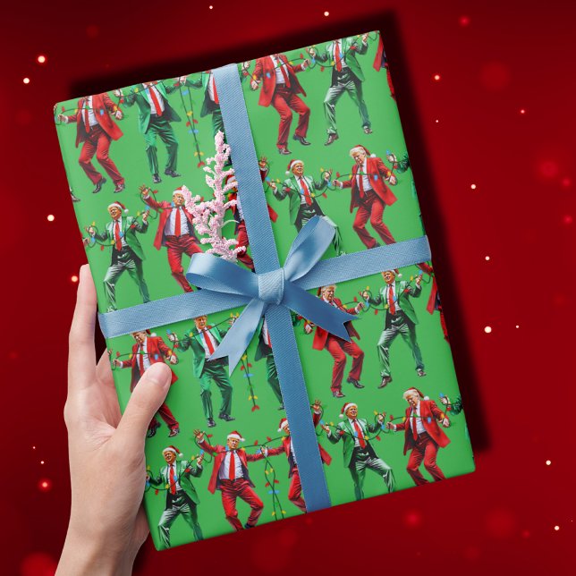 Trump Tancing | Trump Santa Dance Christmas Green Geschenkpapier (Von Creator hochgeladen)