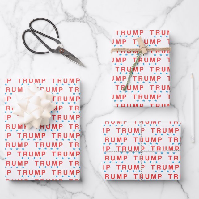 TRUMP- und Blue Stars Wrapping Paper Sheets Geschenkpapier Set (Vorderseite)