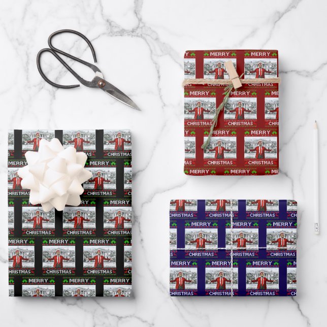 Trump-Weihnachtsmannmütze | Trump frohe Weihnachte Geschenkpapier Set (Vorderseite)