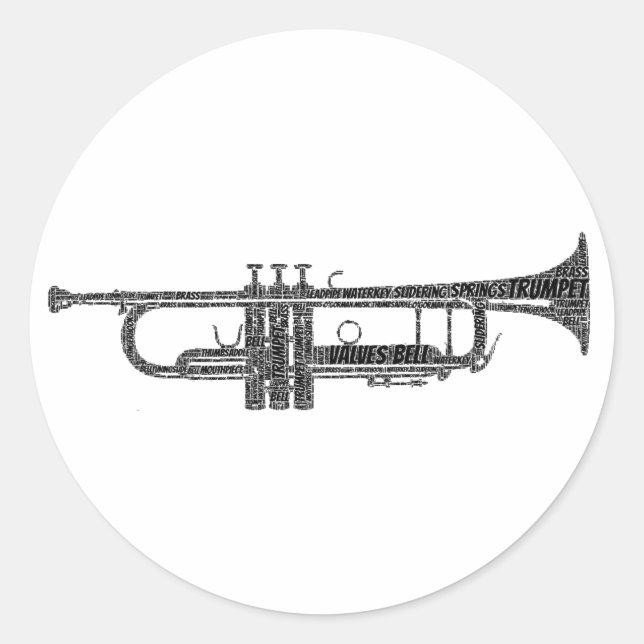 Trumpet gestalteter Word Art Black Text Runder Aufkleber (Vorderseite)
