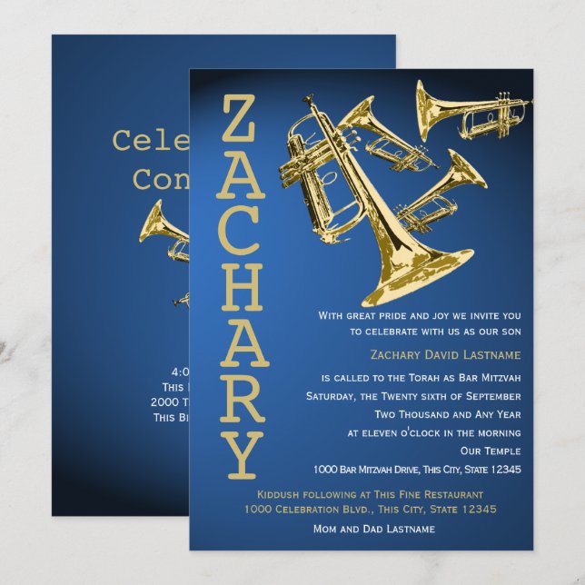 Trumpet Mania Music Blue Gold Bar Mitzvah Einladung (Vorne/Hinten)